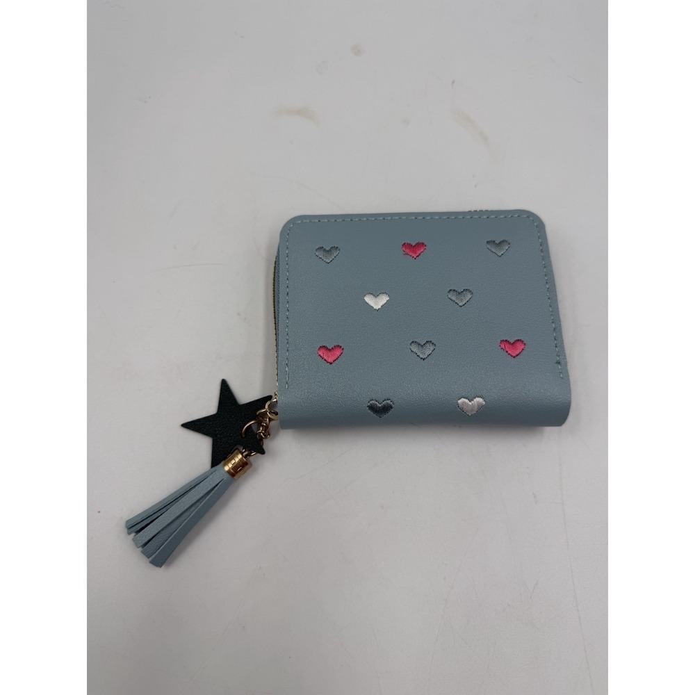 NEW Blue Faux Leather Wallet with Embroidered Hearts and Tassel Zipper Closure
